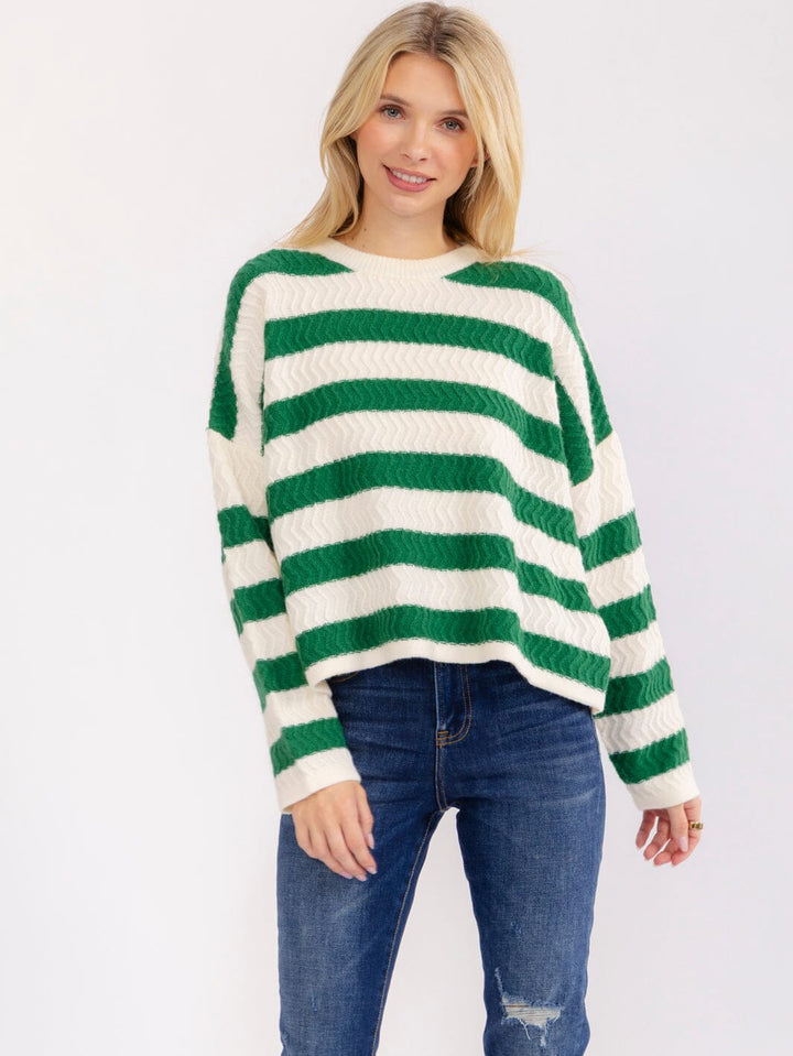 WOMEN'S LONG SLEEVE COLORBLOCK STRIPES KNIT PULLOVER SWEATER