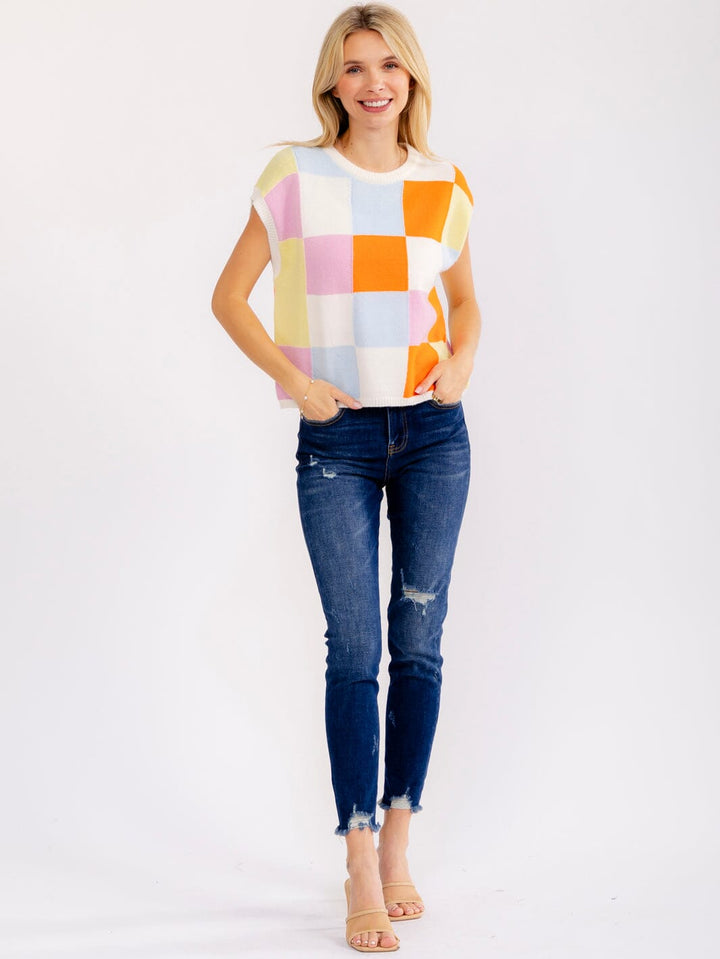 WOMEN'S SLEEVELESS COLORBLOCK CHEKERS PRINT SWEATER TOP