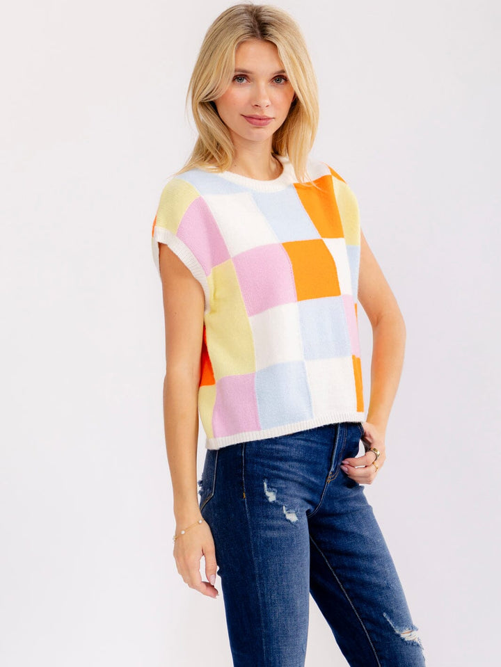 WOMEN'S SLEEVELESS COLORBLOCK CHEKERS PRINT SWEATER TOP