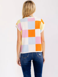 WOMEN'S SLEEVELESS COLORBLOCK CHEKERS PRINT SWEATER TOP