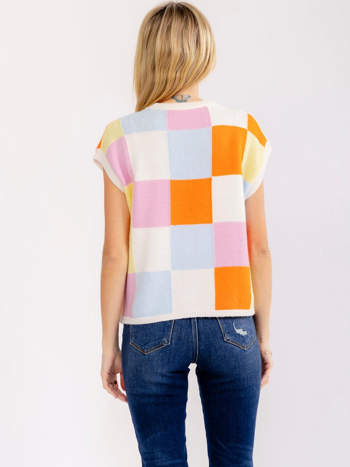 WOMEN'S SLEEVELESS COLORBLOCK CHEKERS PRINT SWEATER TOP