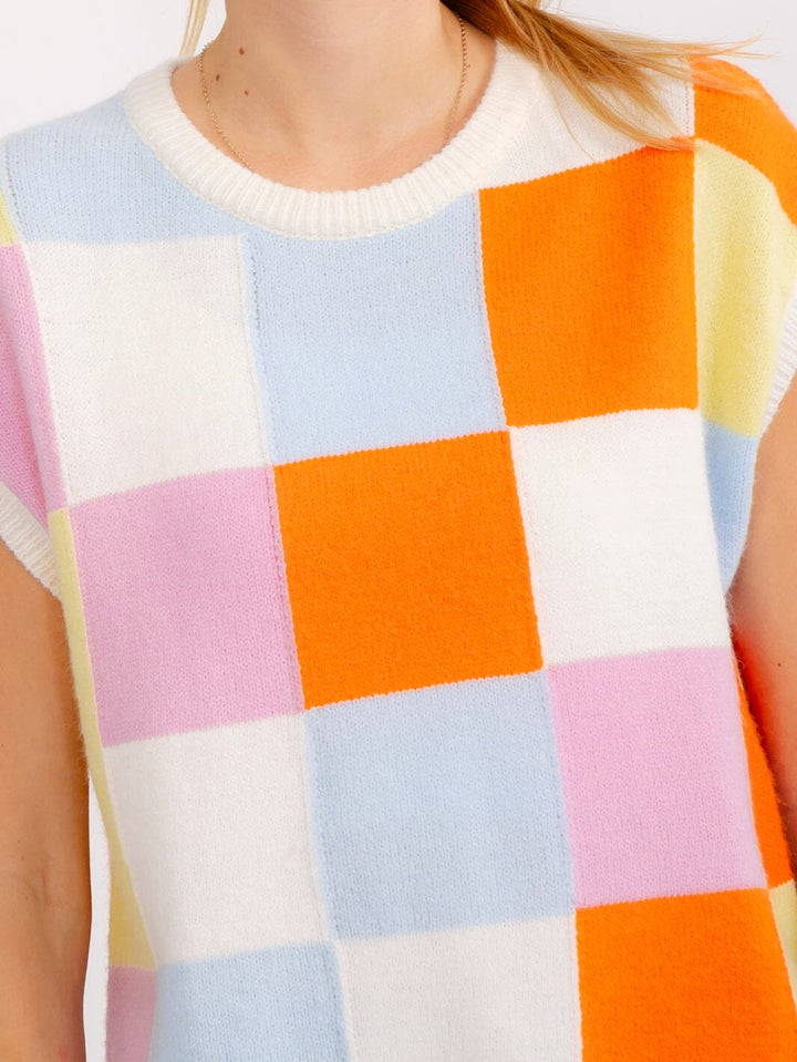 WOMEN'S SLEEVELESS COLORBLOCK CHEKERS PRINT SWEATER TOP
