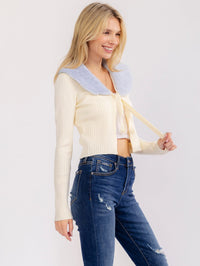 WOMEN'S LONG SLEEVE REMOVABLE COLLAR OPEN FRONT RIBBED TOP