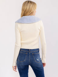 WOMEN'S LONG SLEEVE REMOVABLE COLLAR OPEN FRONT RIBBED TOP