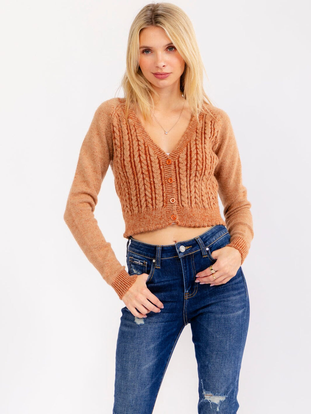 WOMEN'S LONG SLEEVE BUTTON UP CABLE WASHED SWEATERS