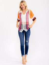 WOMEN'S SHORT SLEEVE BUTTON UP COLORBLOCK KNIT BLOUSE
