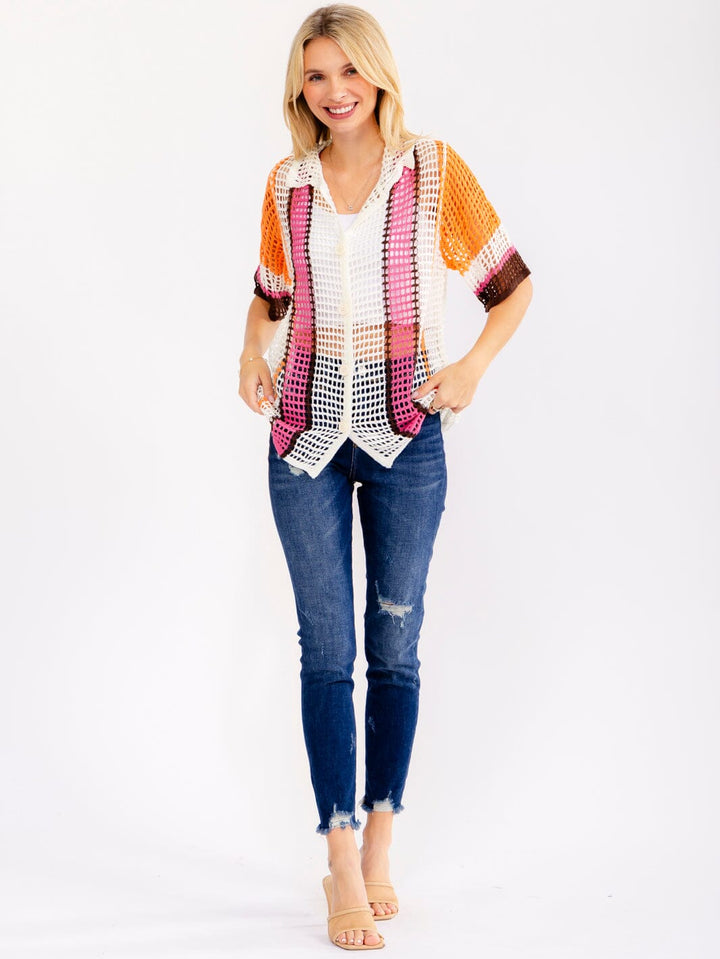 WOMEN'S SHORT SLEEVE BUTTON UP COLORBLOCK KNIT BLOUSE