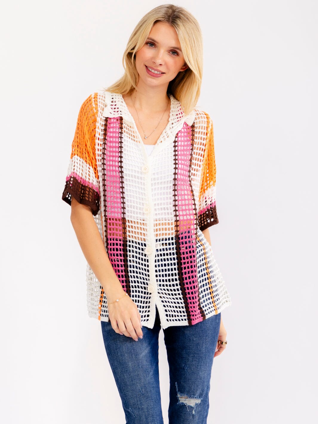 WOMEN'S SHORT SLEEVE BUTTON UP COLORBLOCK KNIT BLOUSE