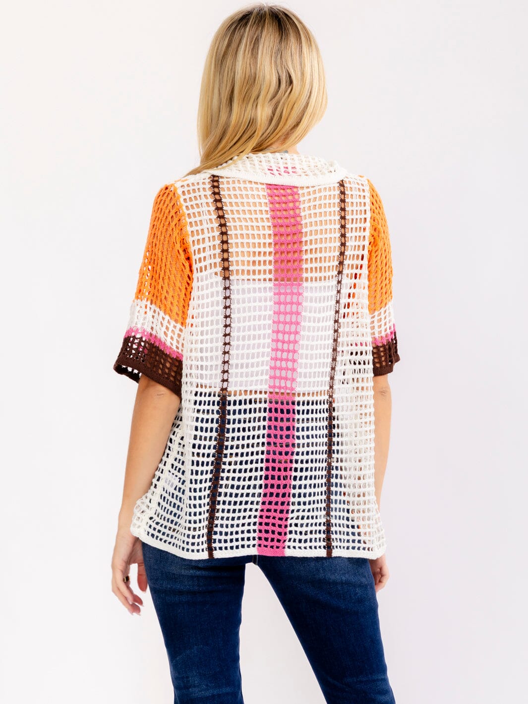 WOMEN'S SHORT SLEEVE BUTTON UP COLORBLOCK KNIT BLOUSE