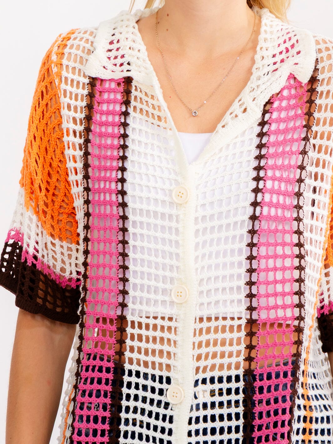 WOMEN'S SHORT SLEEVE BUTTON UP COLORBLOCK KNIT BLOUSE