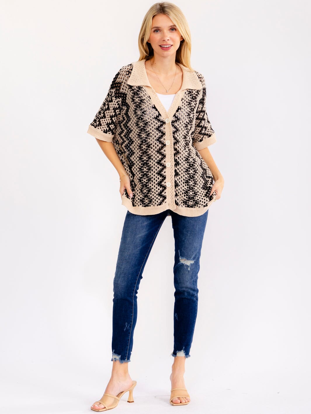 WOMEN'S SHORT SLEEVE BUTTON UP COLORBLOCK KNIT BLOUSE