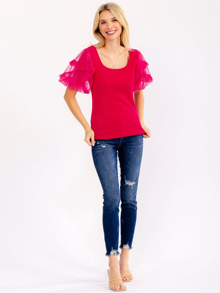 WOMEN'S SHORT LACE SLEEVES RIBBED BLOUSE