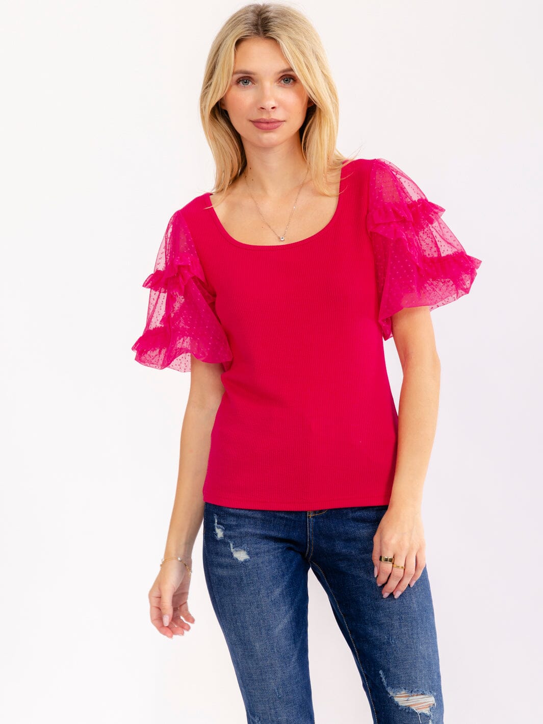 WOMEN'S SHORT LACE SLEEVES RIBBED BLOUSE