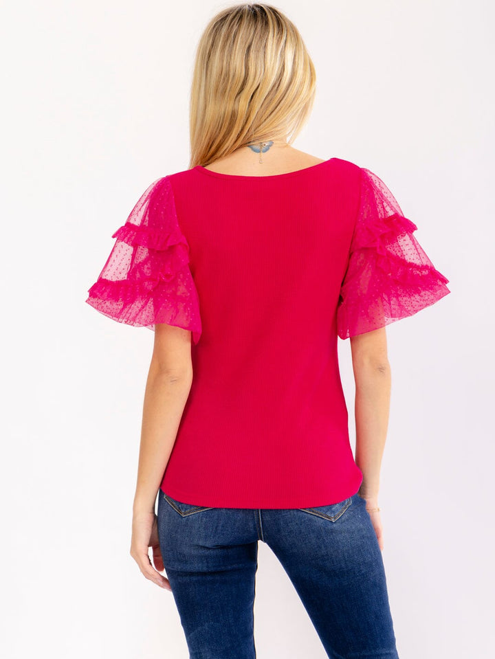 WOMEN'S SHORT LACE SLEEVES RIBBED BLOUSE