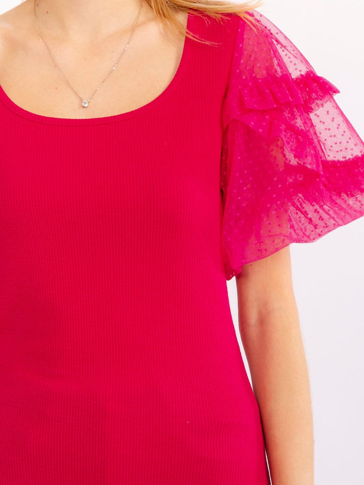 WOMEN'S SHORT LACE SLEEVES RIBBED BLOUSE