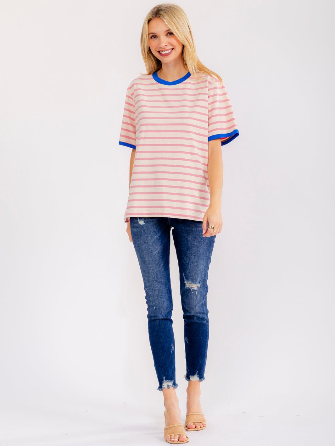WOMEN'S SHORT SLEEVE COLORBLOCK STRIPES BASIC SHIRT