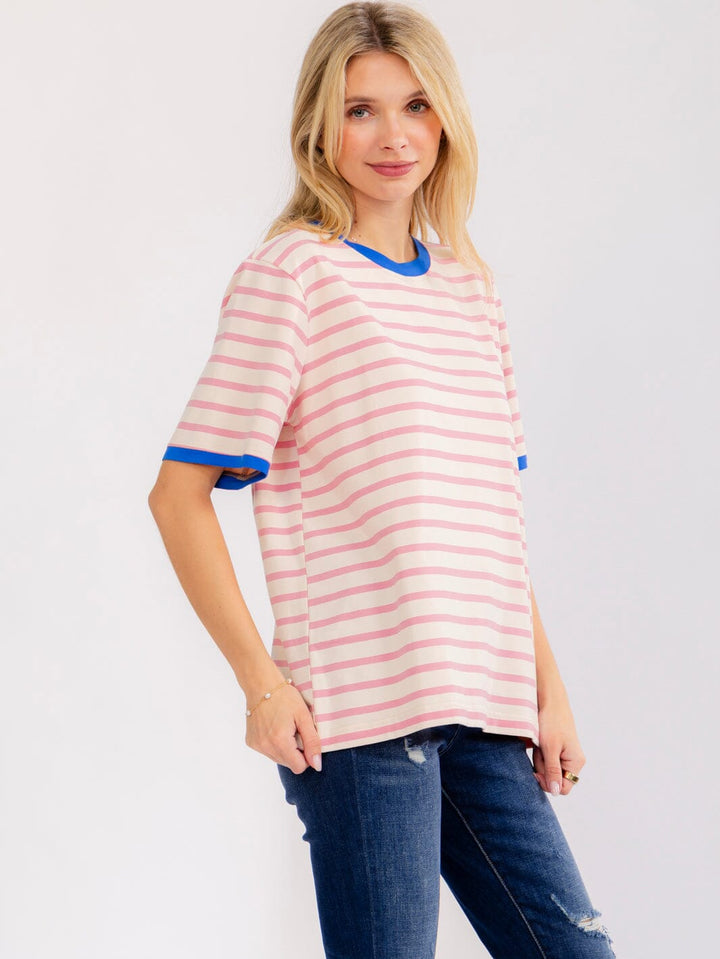WOMEN'S SHORT SLEEVE COLORBLOCK STRIPES BASIC SHIRT