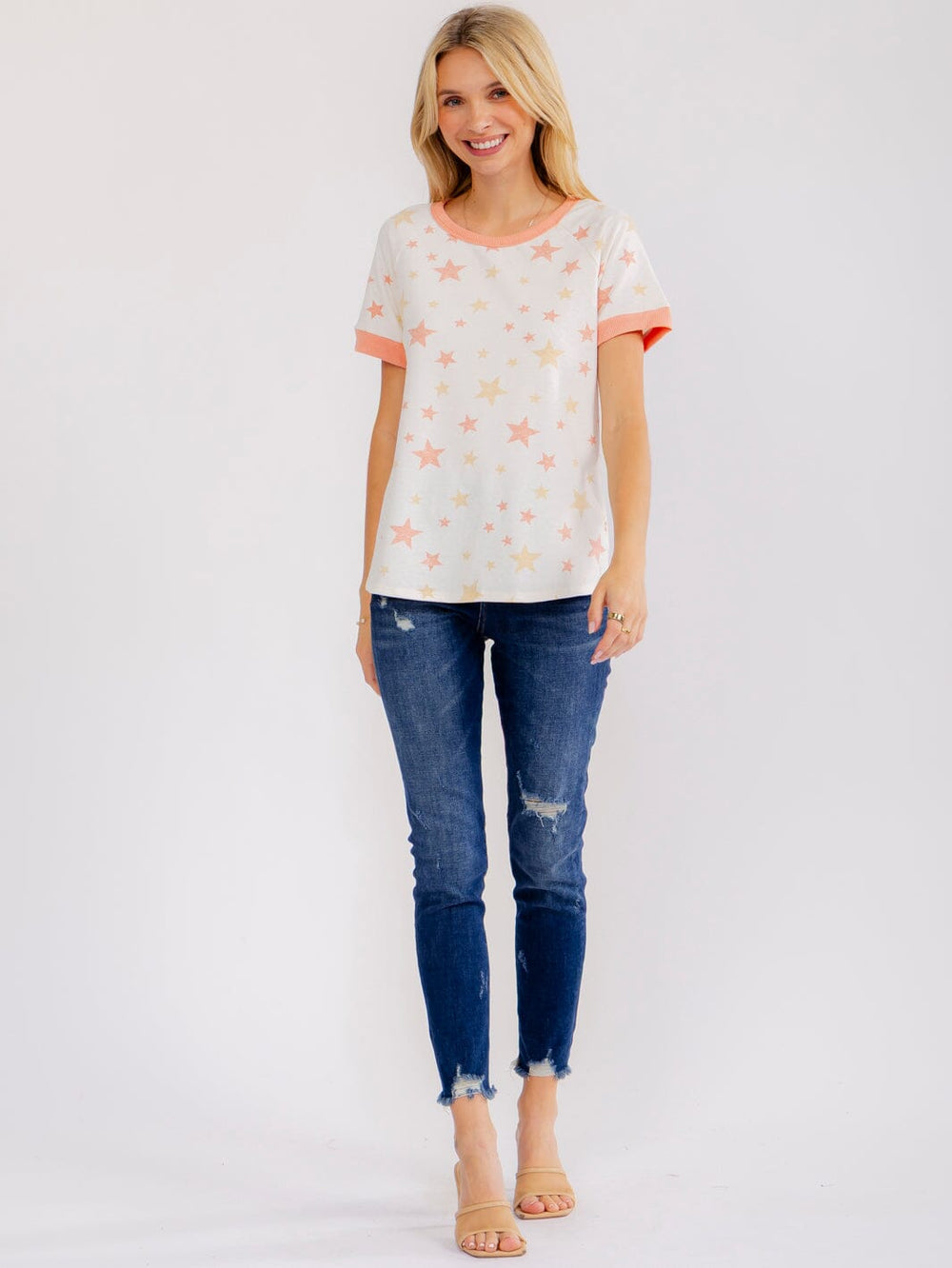 WOMEN'S SHORT SLEEVE COLORBLOCK STARS PRINT BASIC SHIRT