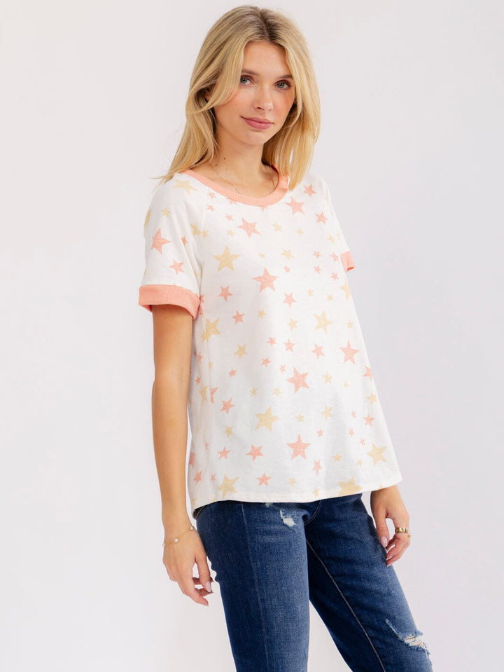 WOMEN'S SHORT SLEEVE COLORBLOCK STARS PRINT BASIC SHIRT
