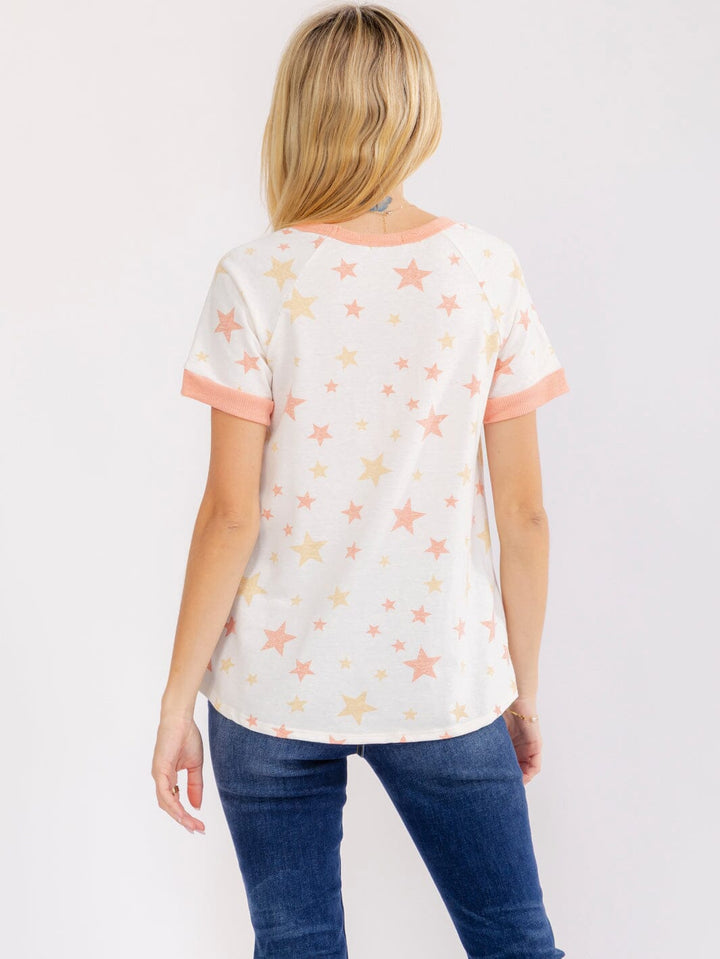 WOMEN'S SHORT SLEEVE COLORBLOCK STARS PRINT BASIC SHIRT