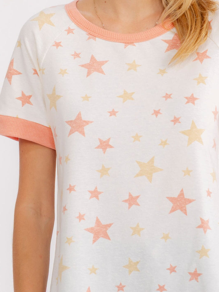 WOMEN'S SHORT SLEEVE COLORBLOCK STARS PRINT BASIC SHIRT
