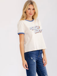 WOMEN'S SHORT SLEEVE COLORBLOCK GRAPHIC BASIC SHIRT