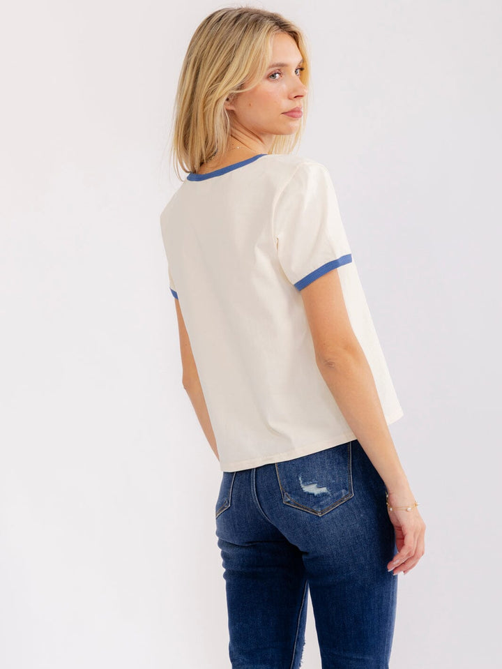 WOMEN'S SHORT SLEEVE COLORBLOCK GRAPHIC BASIC SHIRT
