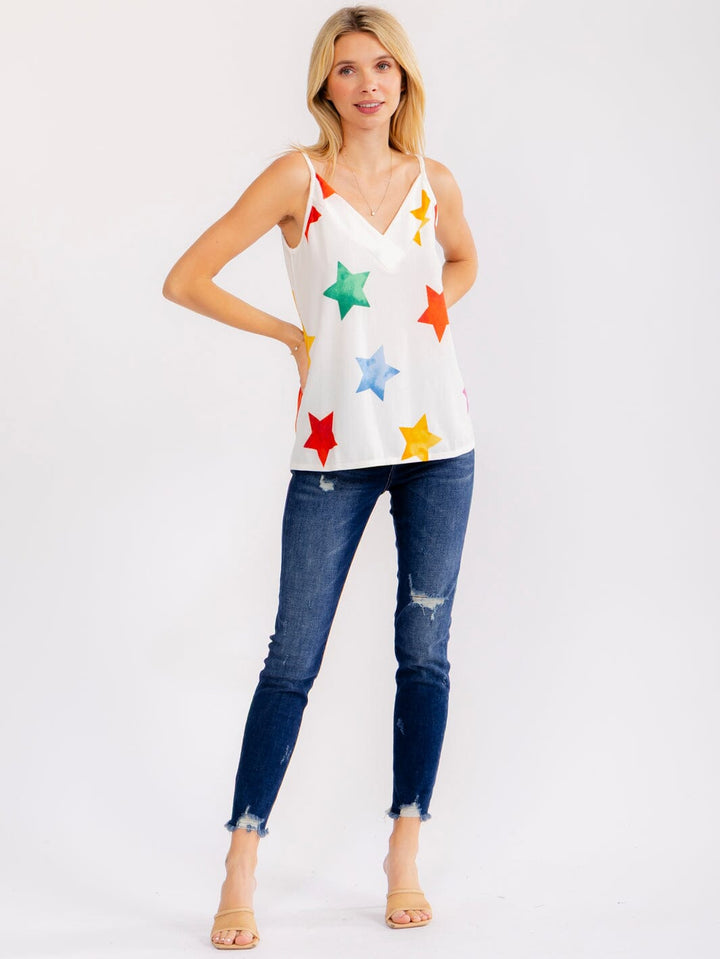 WOMEN'S SLEEVELESS V-NECK SATRS PRINT TANK TOP