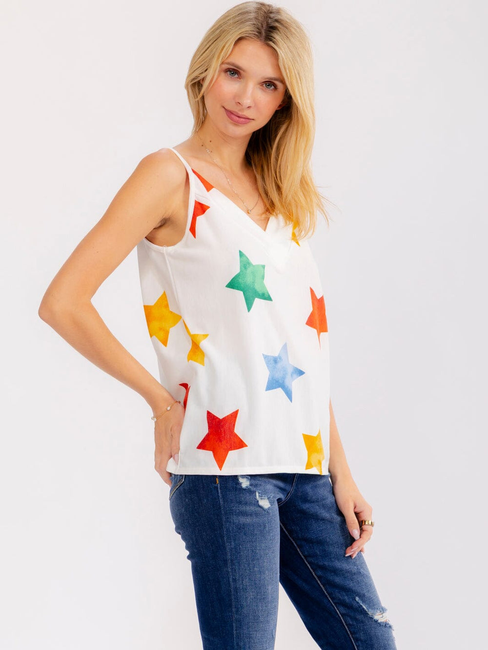 WOMEN'S SLEEVELESS V-NECK SATRS PRINT TANK TOP