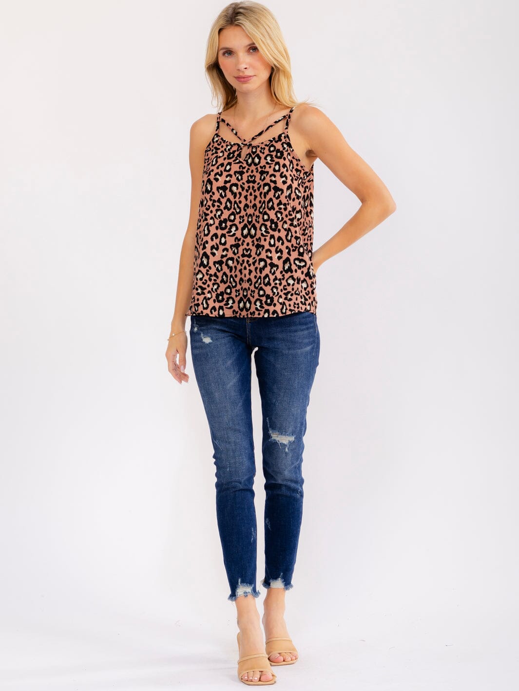 WOMEN'S SLEEVELESS CUT OUT ANIMAL PRINT TANK TOP