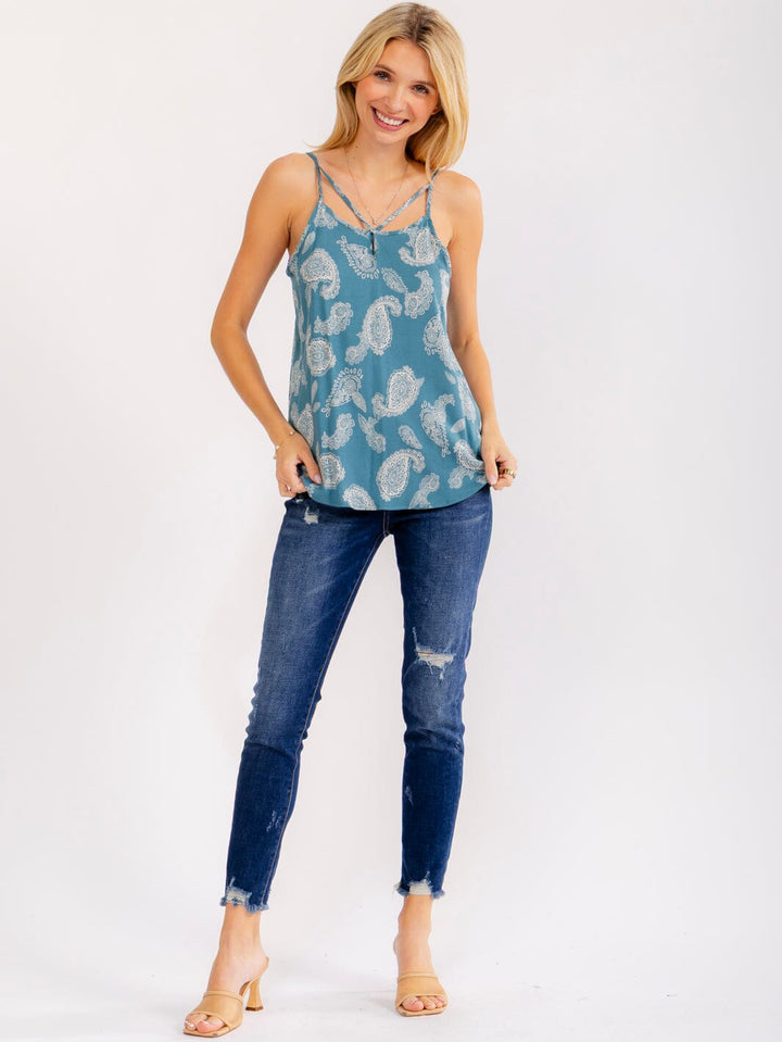 WOMEN'S SLEEVELESS CUT OUT PAISLEY PRINT TANK TOP