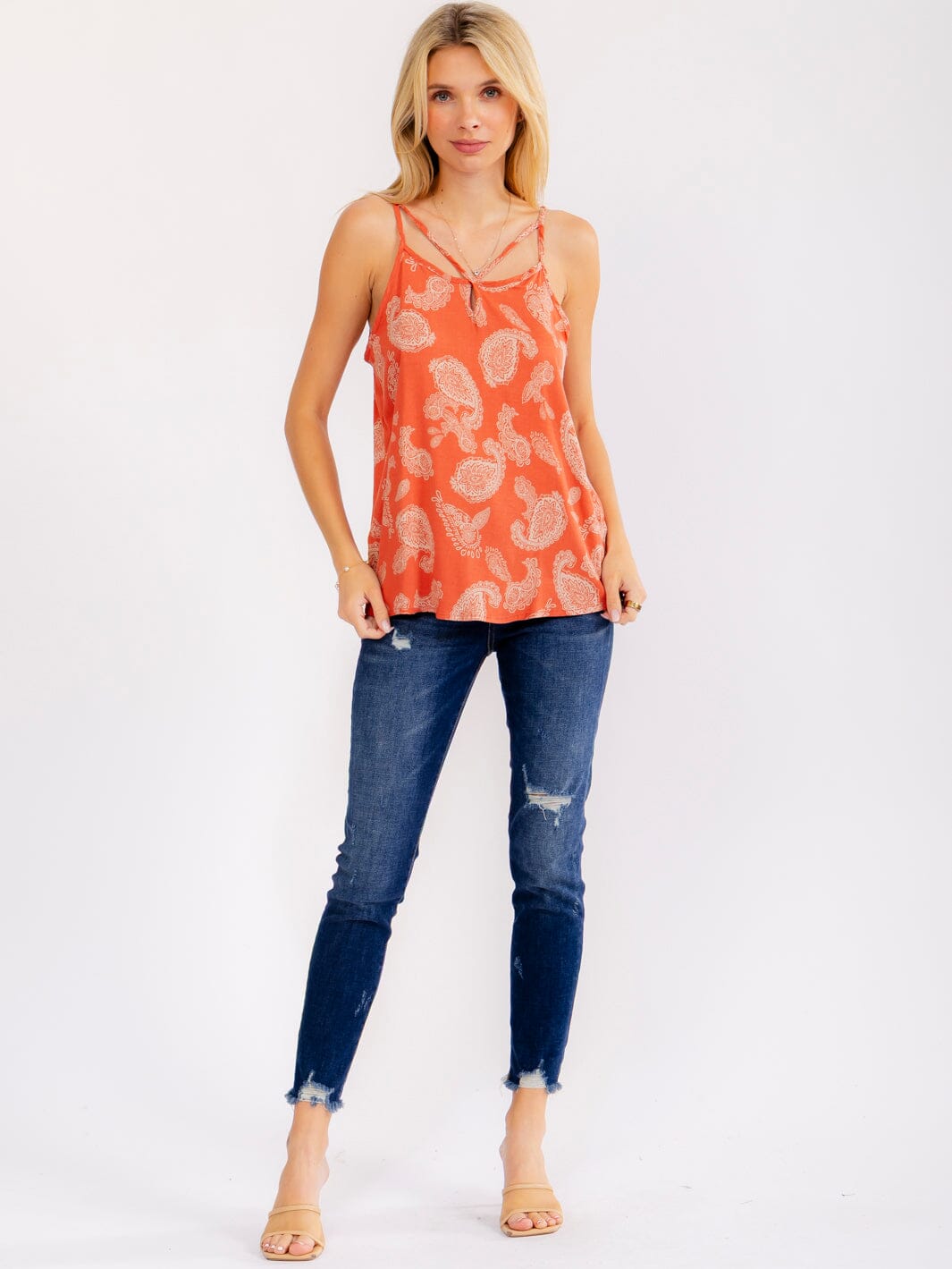 WOMEN'S SLEEVELESS CUT OUT PAISLEY PRINT TANK TOP