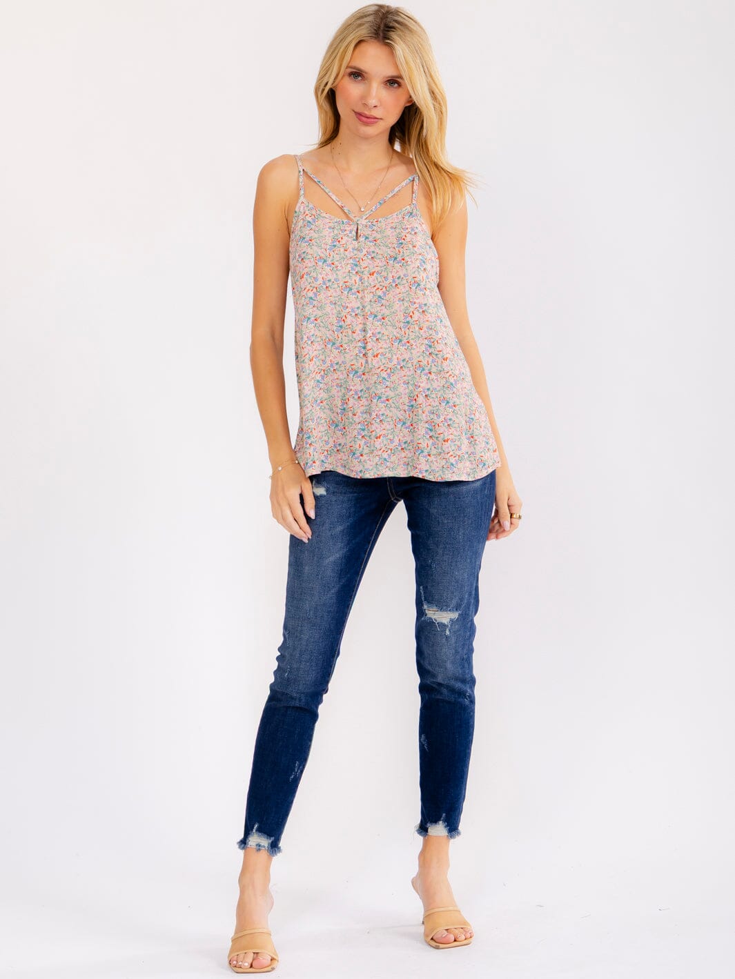 WOMEN'S SLEEVELESS CUT OUT FLORAL PRINT TANK TOP