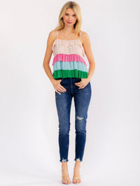 WOMEN'S SLEEVELESS COLORBLOCK RUFFLE TIERED TANK TOP
