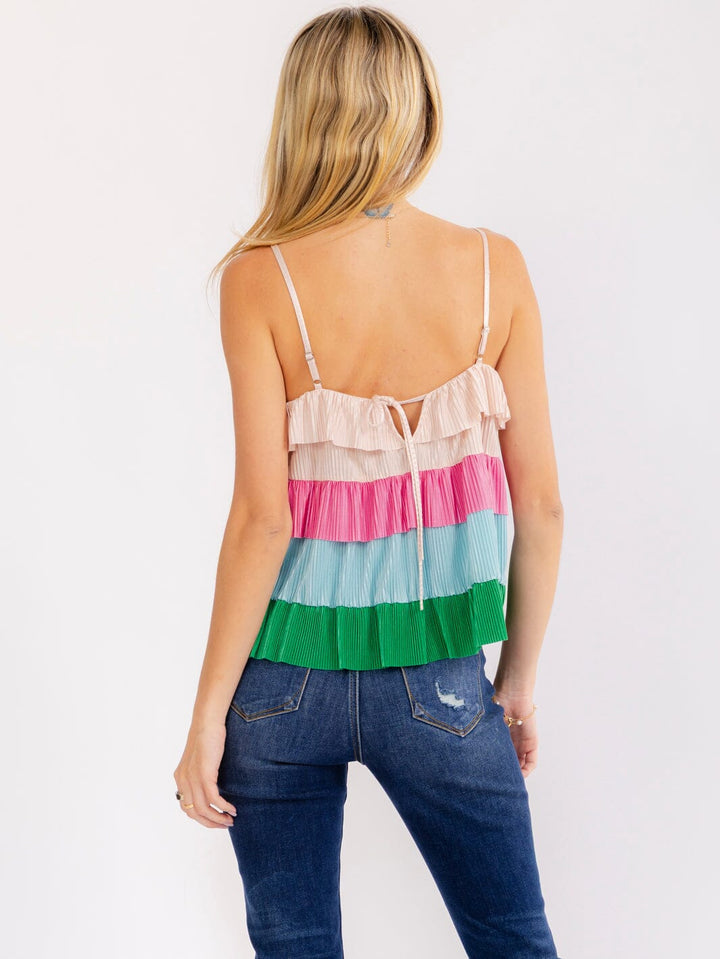 WOMEN'S SLEEVELESS COLORBLOCK RUFFLE TIERED TANK TOP