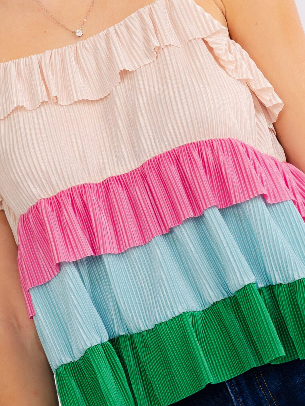 WOMEN'S SLEEVELESS COLORBLOCK RUFFLE TIERED TANK TOP
