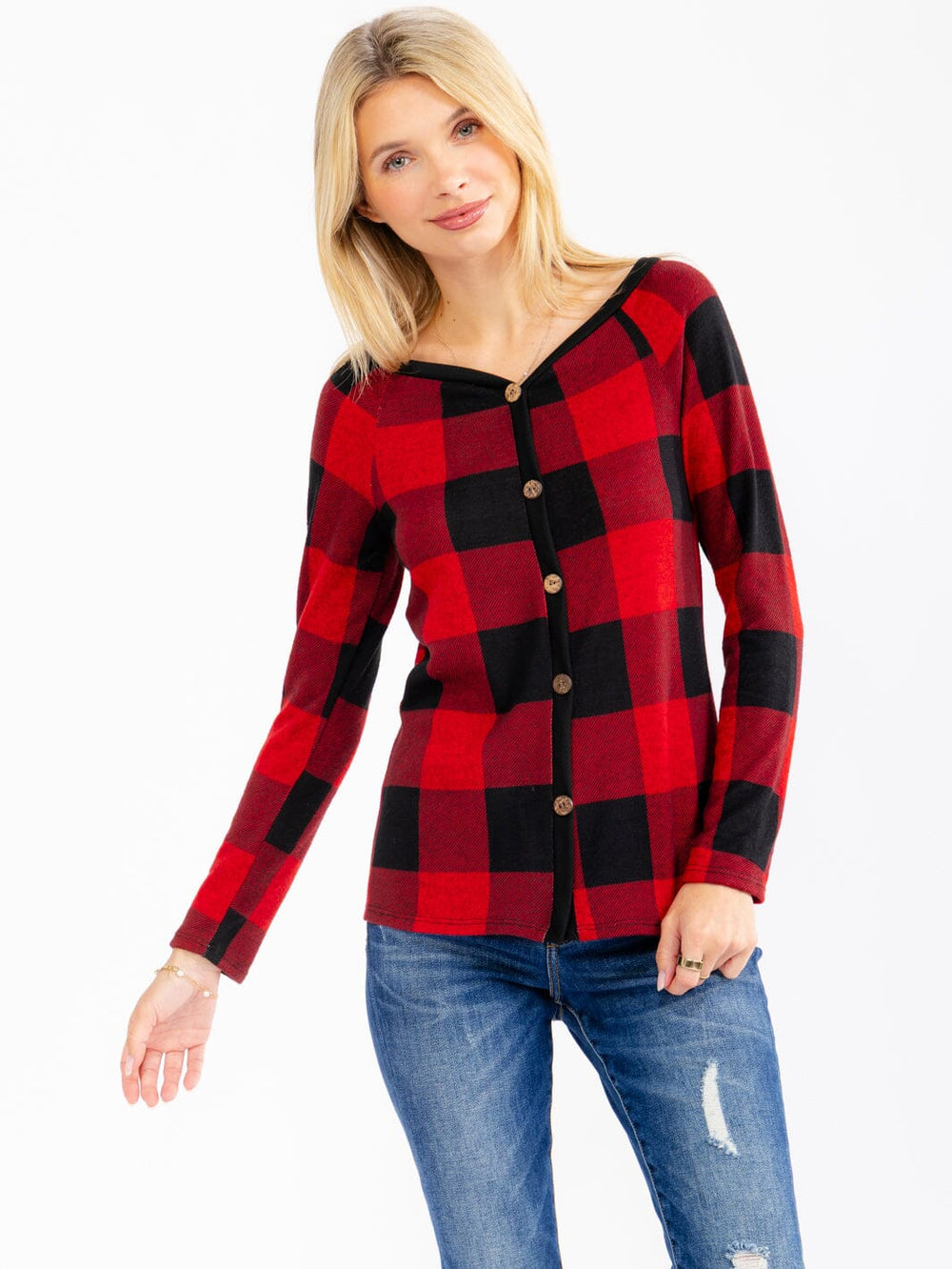 WOMEN'S LONG SLEEVE V-NECK BUTTON DETAILED PLAID TOP