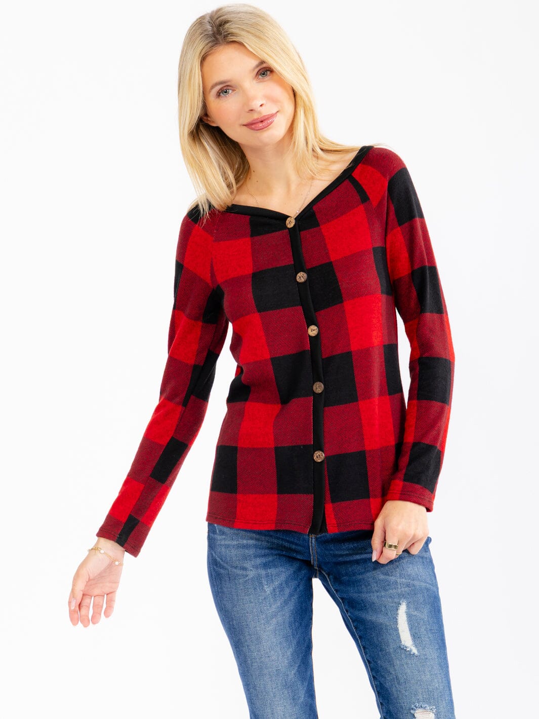 WOMEN'S LONG SLEEVE V-NECK BUTTON DETAILED PLAID TOP