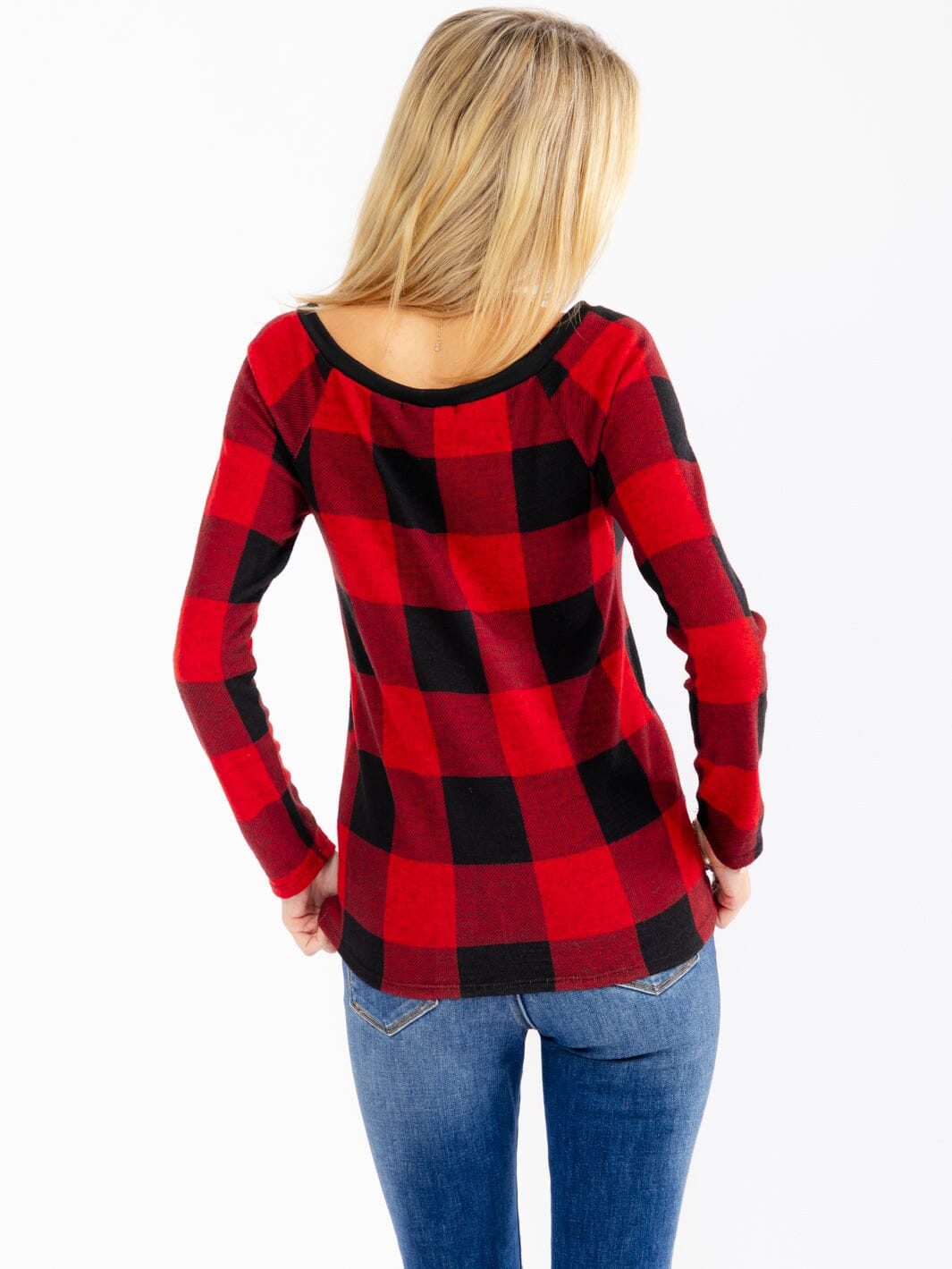 WOMEN'S LONG SLEEVE V-NECK BUTTON DETAILED PLAID TOP