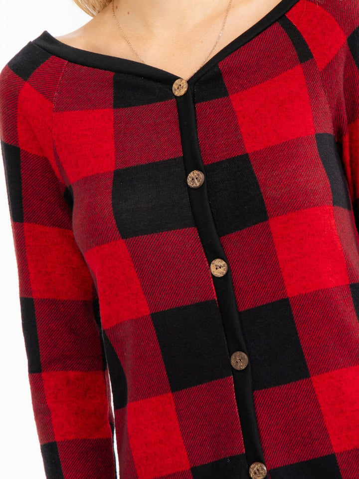 WOMEN'S LONG SLEEVE V-NECK BUTTON DETAILED PLAID TOP
