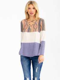 WOMEN'S LONG SLEEVE FRONT LACE UP COLORBLOCK PRINT TOP