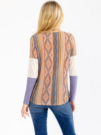 WOMEN'S LONG SLEEVE FRONT LACE UP COLORBLOCK PRINT TOP