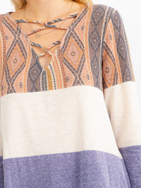 WOMEN'S LONG SLEEVE FRONT LACE UP COLORBLOCK PRINT TOP