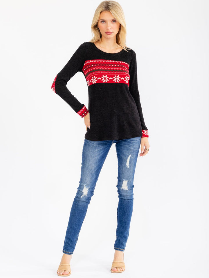 WOMEN'S LONG SLEEVE ELBOW PATCH HOLIDAY PRINT TOP