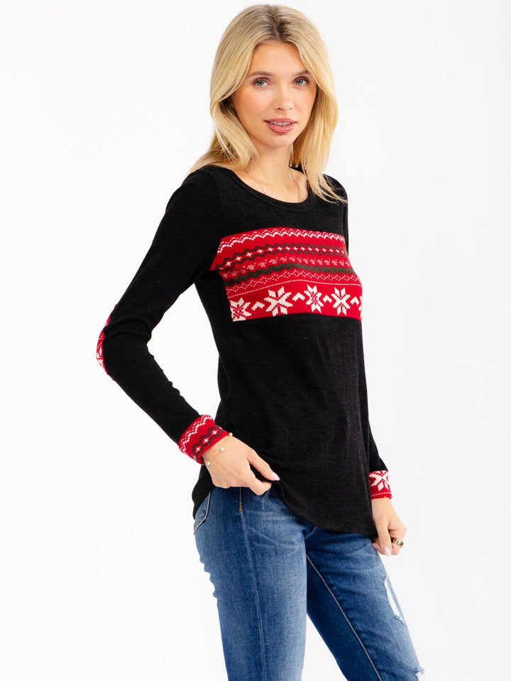 WOMEN'S LONG SLEEVE ELBOW PATCH HOLIDAY PRINT TOP