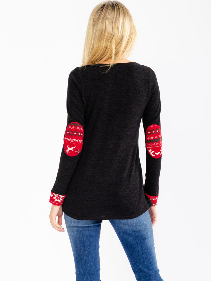 WOMEN'S LONG SLEEVE ELBOW PATCH HOLIDAY PRINT TOP