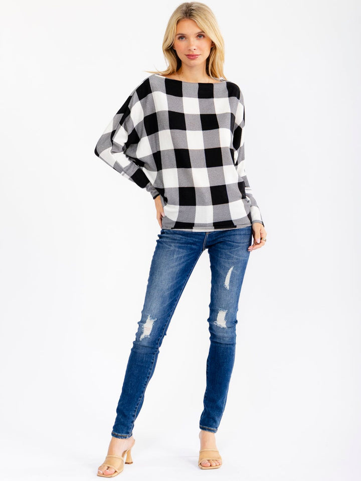 WOMEN'S LONG SLEEVE OFF SHOULDER PLAID TOP