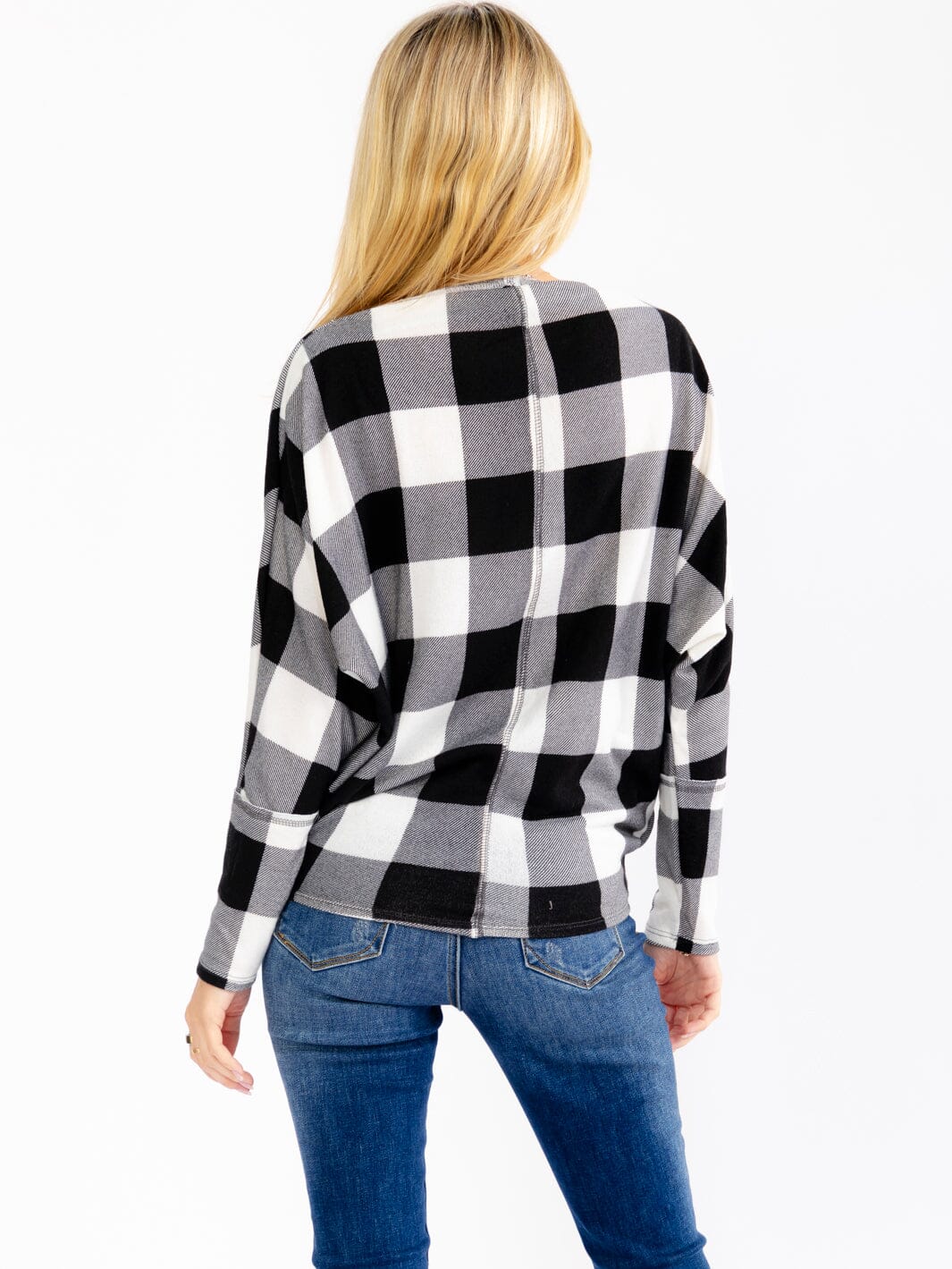 WOMEN'S LONG SLEEVE OFF SHOULDER PLAID TOP