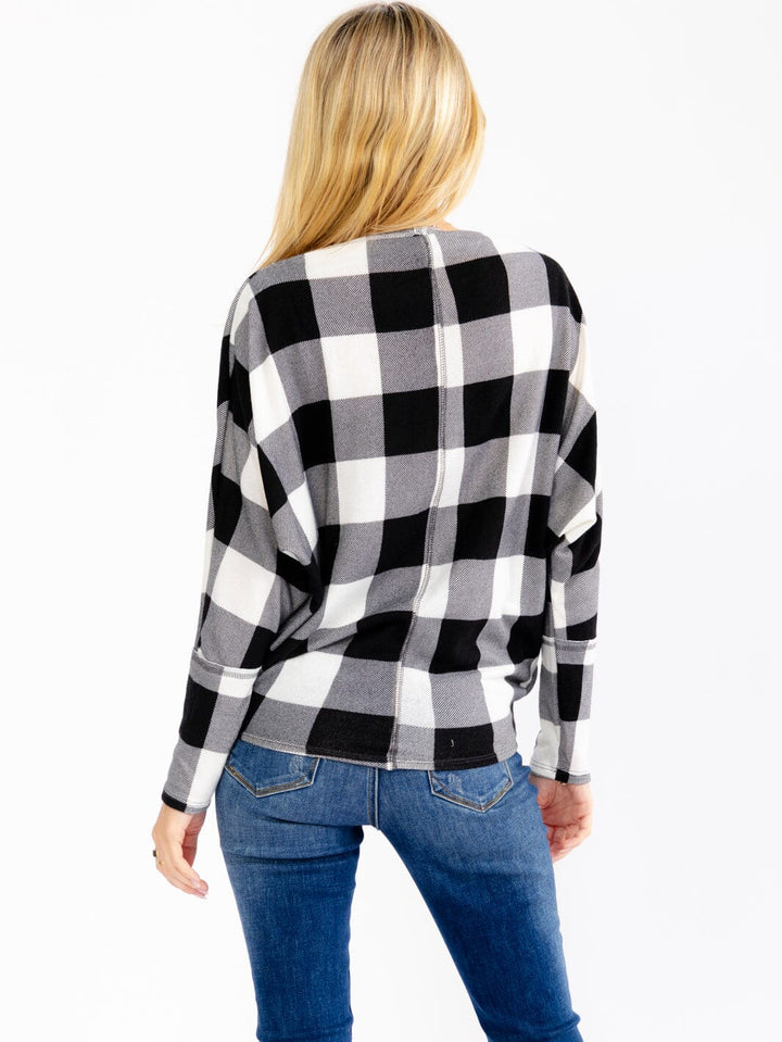 WOMEN'S LONG SLEEVE OFF SHOULDER PLAID TOP