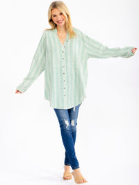 WOMEN'S LONG SLEEVE V-NECK BUTTON UP FRONT POCKETS COLORBLOCK OVERSIZED SHIRT